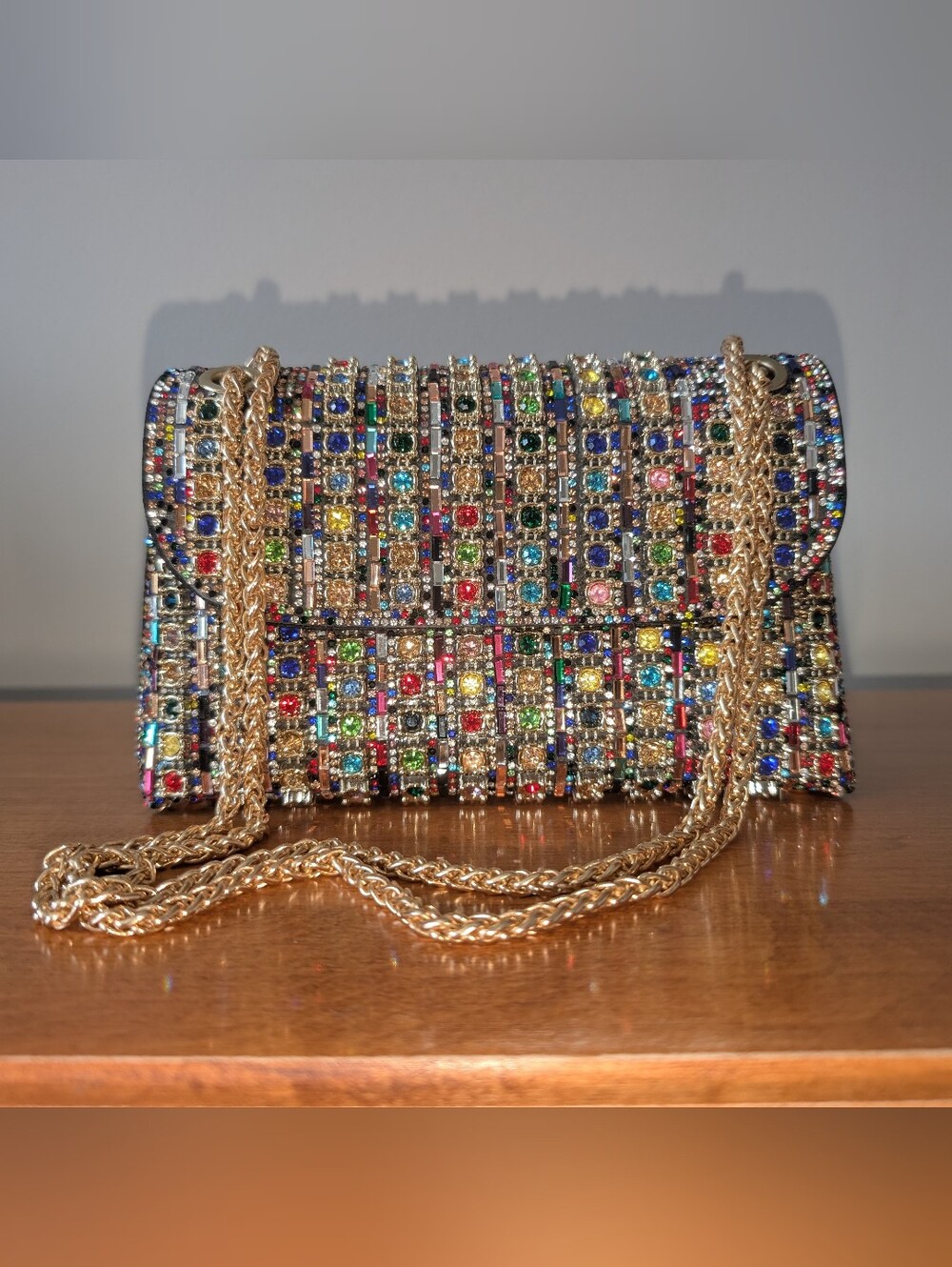 Amazon Multicolor Crystal Chain Crossbody Bag with Gold Chain - Picture 2 of 10